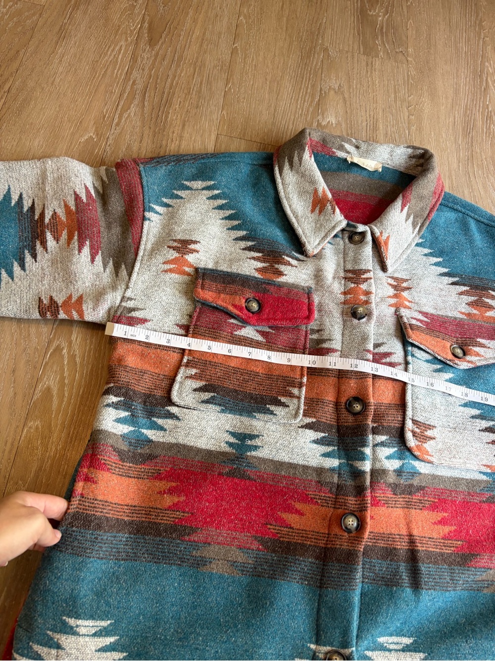 Altar’d State Aztec Pattern Button-Up Jacket/ Shacket in Teal & Rust - Picture 4 of 9